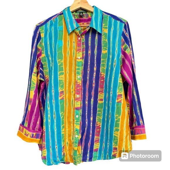 Lauren Ralph Lauren Womens Button Up Blouse Size XL Bold Colorful Artsy Boho - Picture 1 of 7